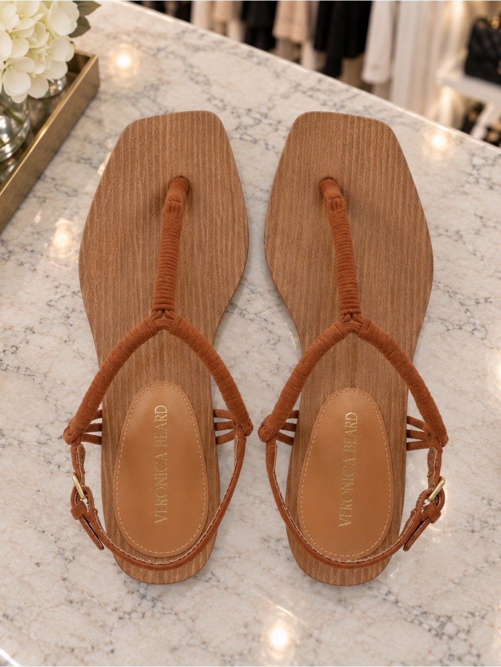 Veronica Beard Amelia Caramel Suede T-Strap Thong Sandals Size 8 - Picture 3 of 6